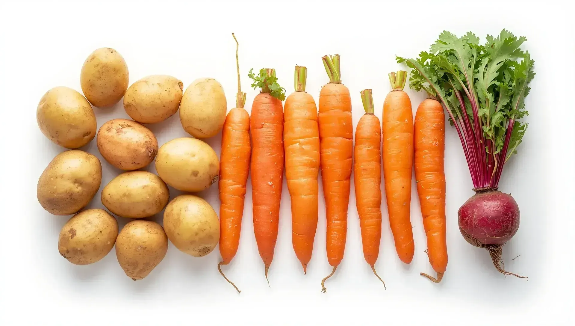 Organic peeled potatoes, carrots and beetroot